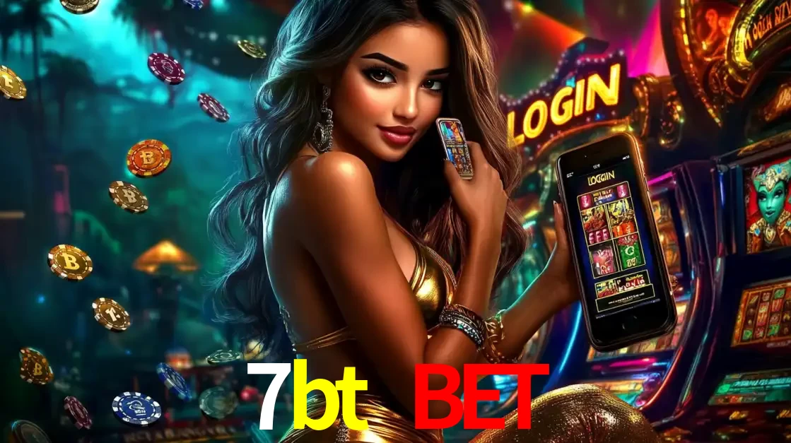 Mulher em um cenário de cassino temático de aventura, mostrando o app de caça-níqueis da 7bt bet no celular. Fichas de apostas flutuam ao redor.