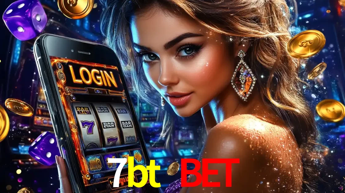Mulher glamorosa segurando um smartphone com a tela de login para os jogos de caça-níqueis do cassino online 7bt bet, com moedas de ouro e dados ao redor.
