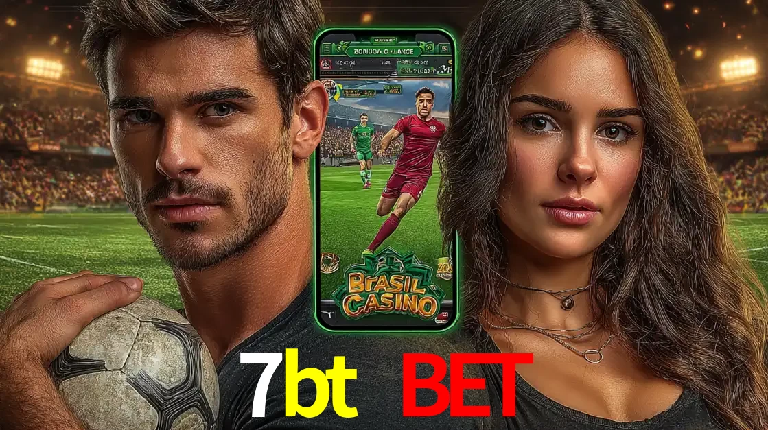 Homem segurando uma bola de futebol e uma mulher ao lado de um smartphone exibindo o jogo de apostas esportivas da 7bt bet. Faça seu palpite no cassino online.